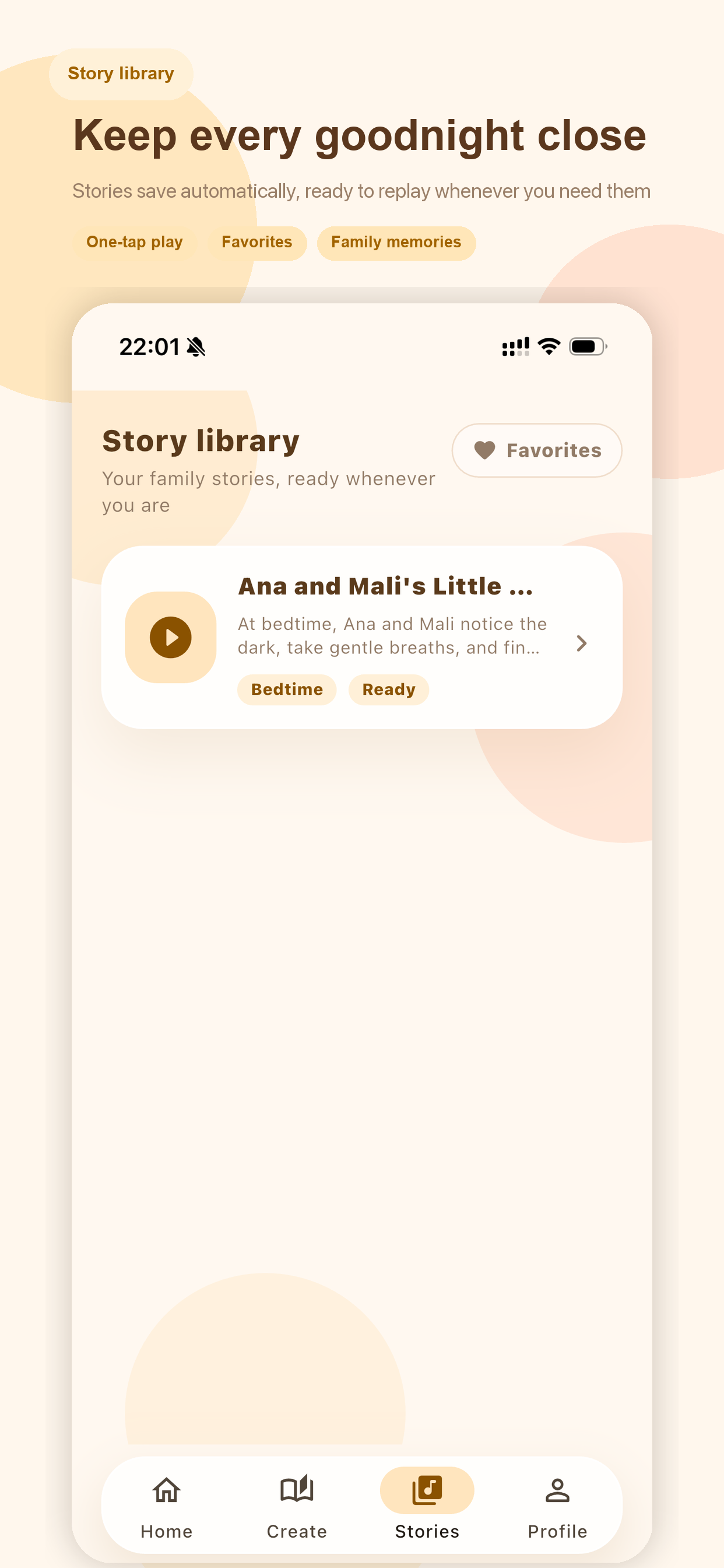 Goodnight Voice story library screen